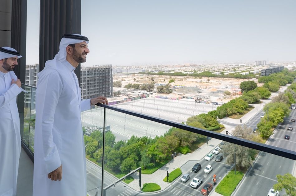 The exterior and entrance of the contemporary five-star Vida Aljada hotel in Sharjah.