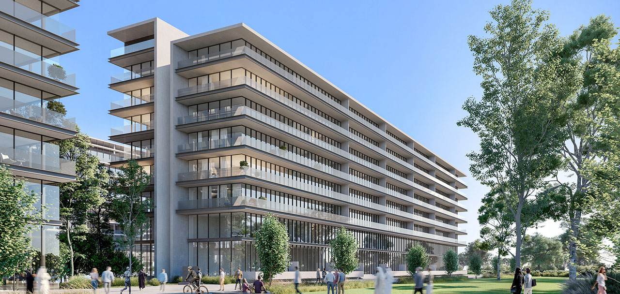 Architectural rendering of modern apartment blocks along a boulevard in the Aljada development.