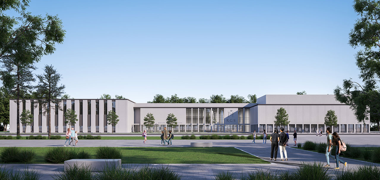 Architectural rendering of a modern school campus with green landscaping and contemporary academic buildings.