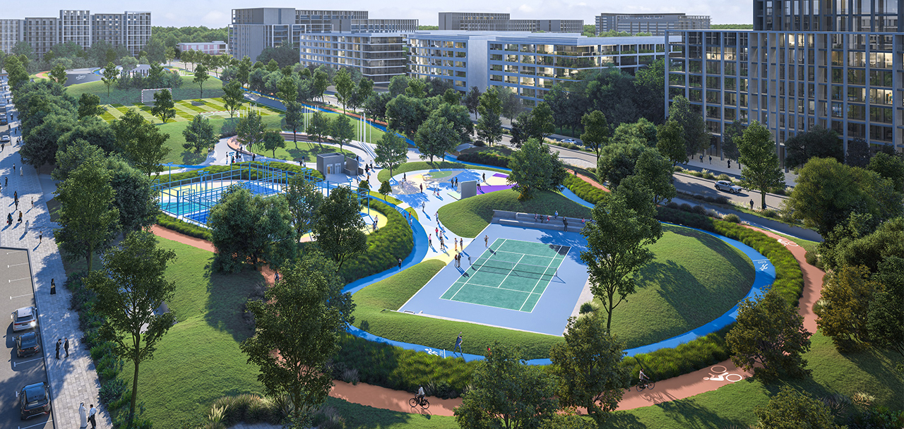 Aerial view of a large landscaped park with football pitches, tennis courts, and modern sports facilities under