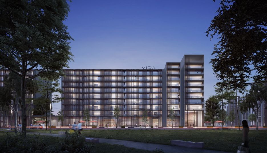 A modern five-star hotel building with clean architectural lines and outdoor social spaces in a contemporary urban