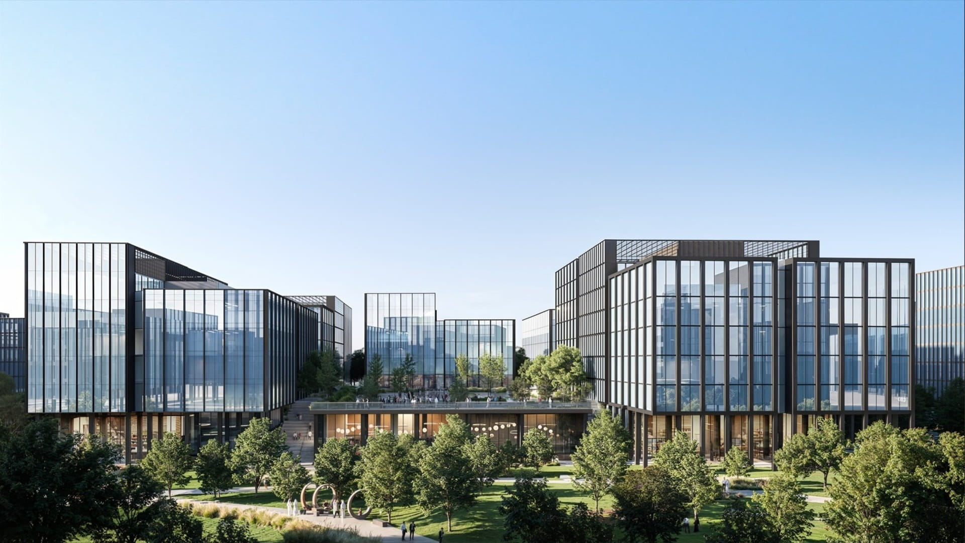 Architectural rendering of the modern office buildings planned for the Central Business District in Aljada.