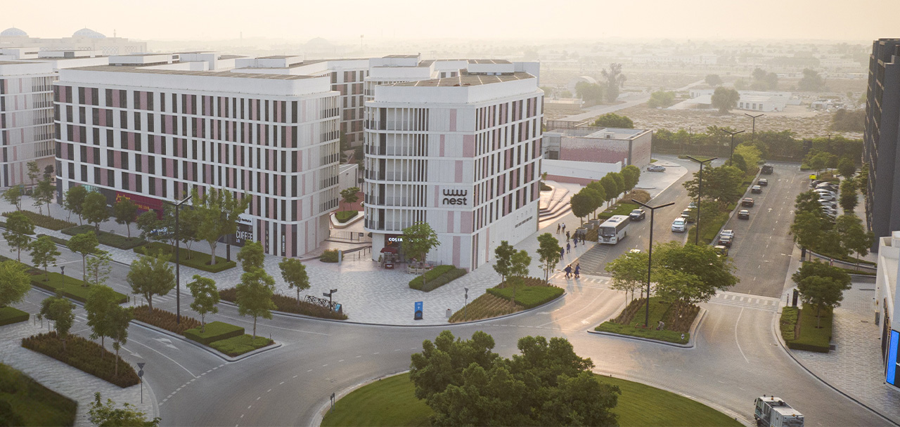 Exterior view of the Nest student housing and hotel complex in the Aljada development, Sharjah.