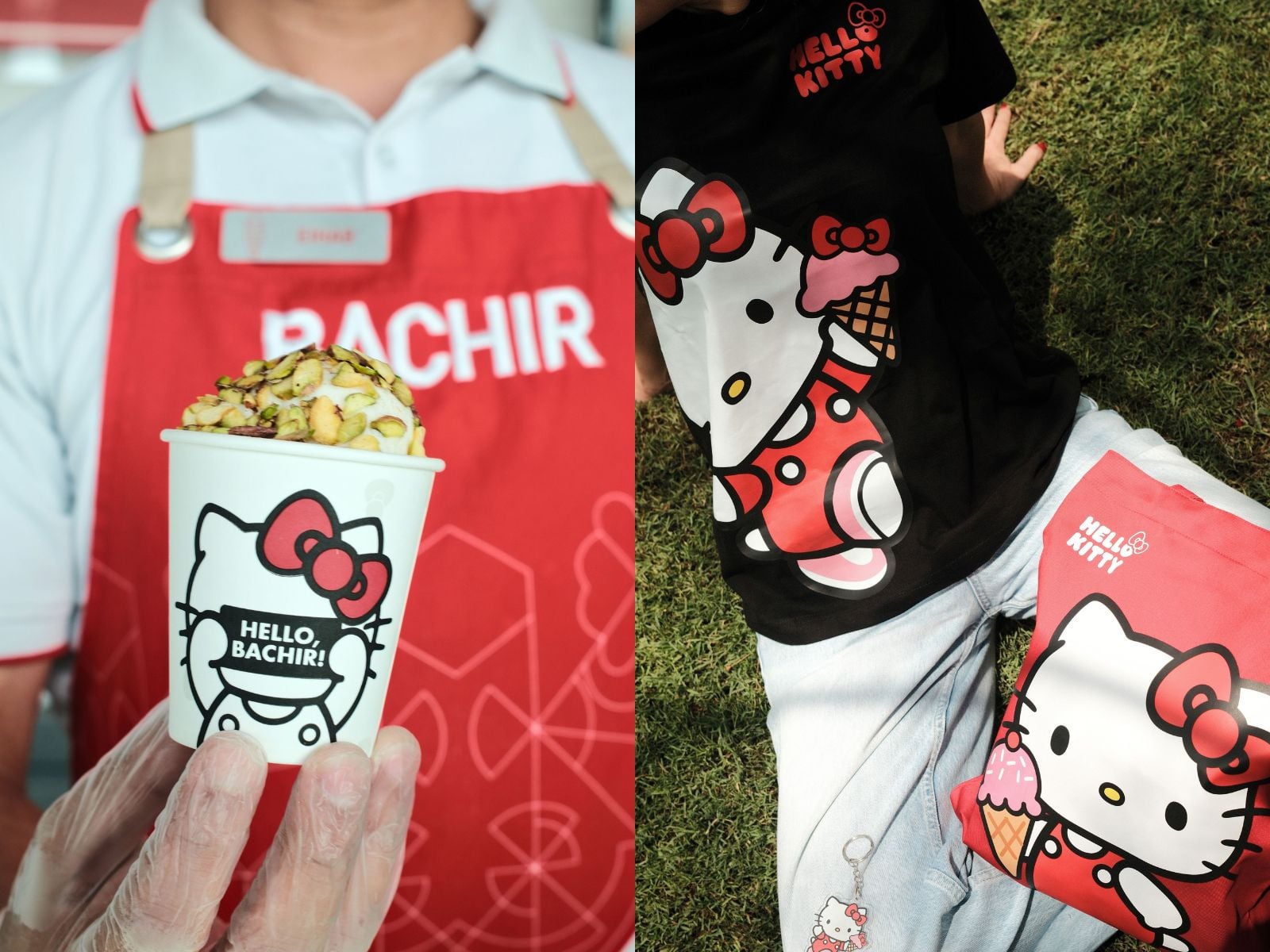 Bachir ice cream served in Hello Kitty branded packaging with themed merchandise like tote bags and stickers nearby.